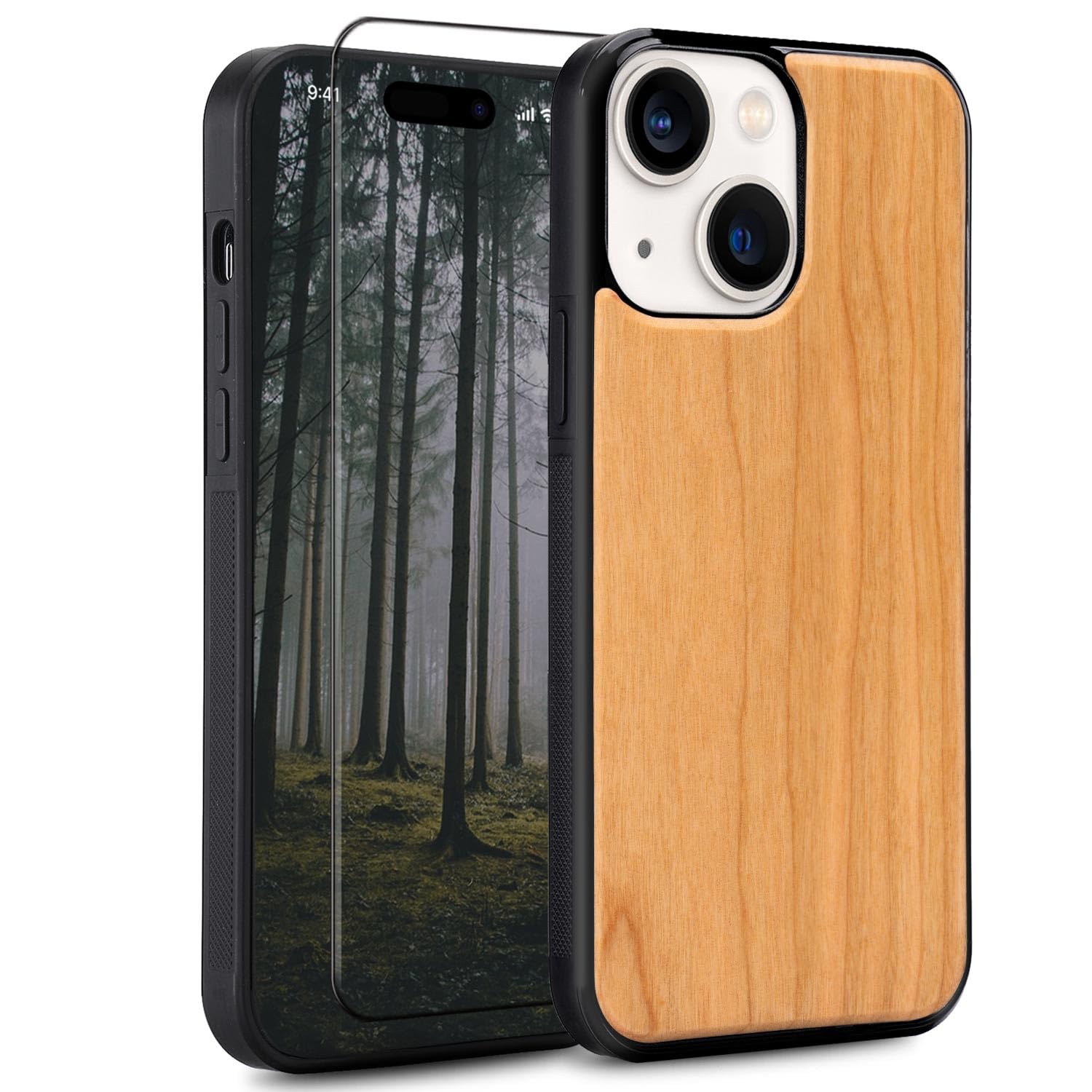Amnirk Wood Case for iPhone 15 - Real Natural Wood,- Slim Shockproof Hybrid Wooden Cover (Cherry Wood, iPhone 15)