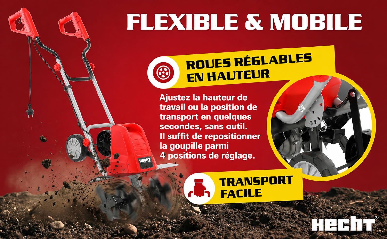 Hecht Motobineuse électrique Fraiseuse Fraise Electrique Houe Jardin Houe du cultivateur 1500W 400mm 6 fraises : 24 lames