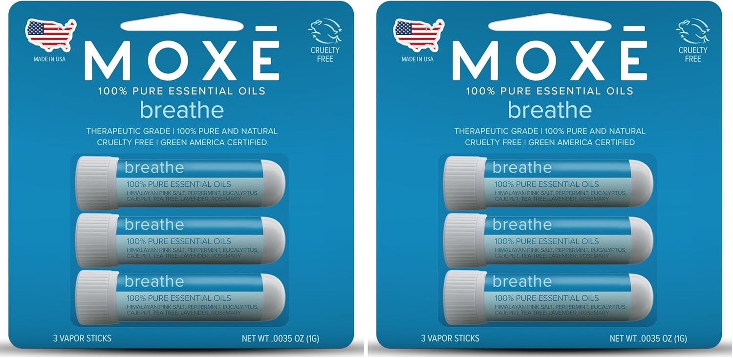 MOXE Breathe | Himalayan Salt Inhaler | Help Clear Congestion, Boost Focus and Improve Breathing | Natural Aromatherapy | Peppermint, Lavender and Tee Tree Essential Oil (6 Pack)