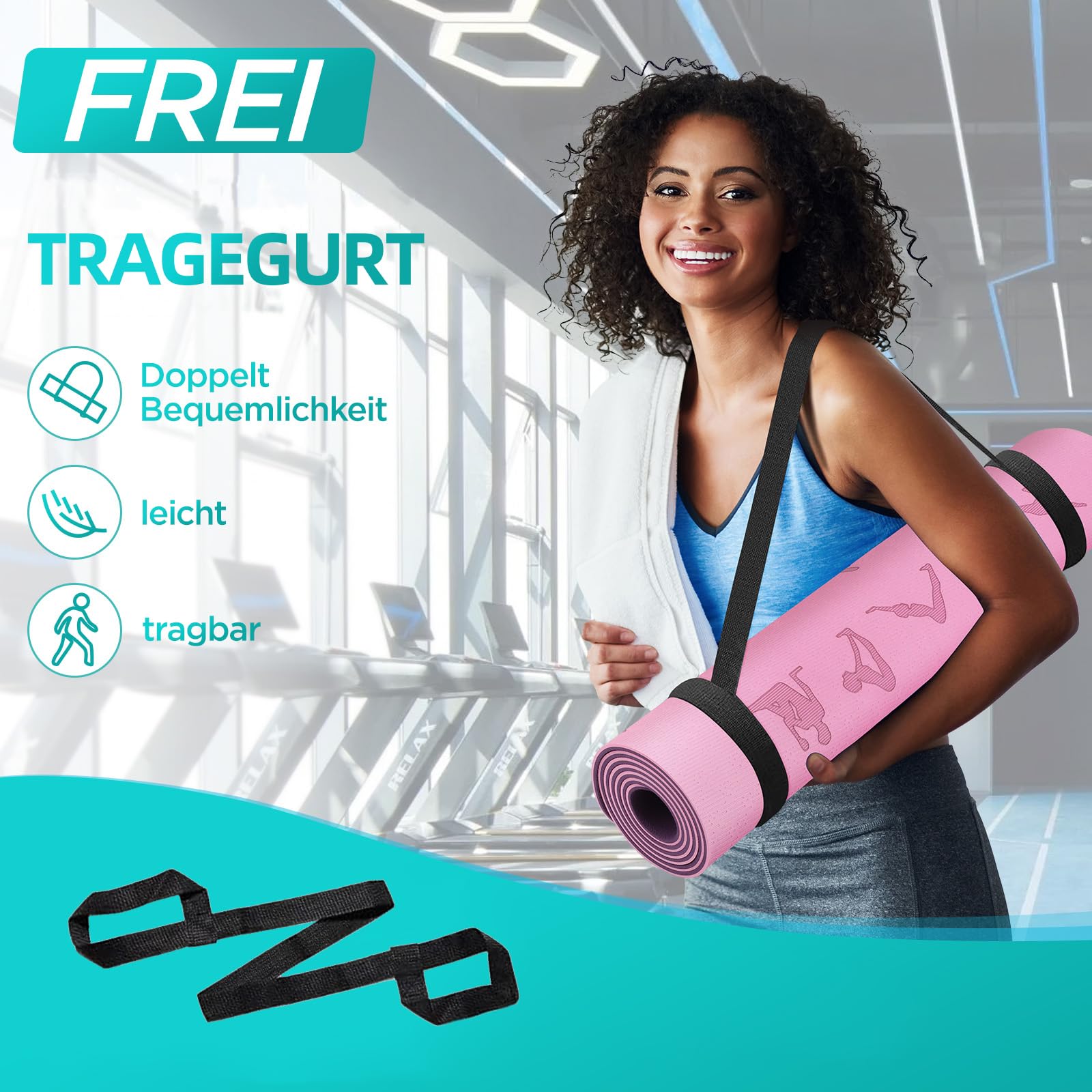 Yoga Matte, TPE 6mm Dicke Hautfreundliche Yogamatte Rutschfest Gymnastikmatte Pilates Gymnastik Meditation Stretching mit Trageriemen Home Workout Sportmatte 183x61cm