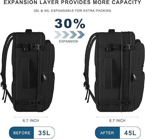 Miniatura 3 de Mochila de viaje grande, mochila de mano para aviones, mochila para laptop de 17 pulgadas para hombres, mochila impermeable expandible de 45 L,