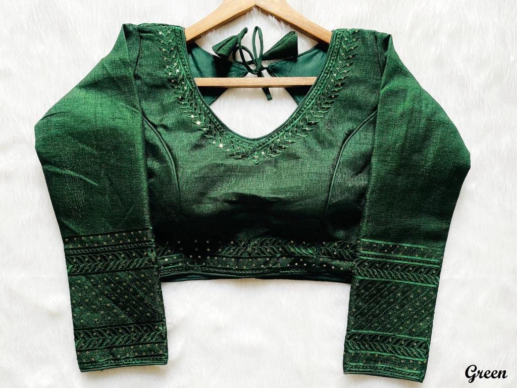 Pujia Mills Milan Silk Full Sleeve V Neck Multi Embroidery Trendy Saree Blouse(Rukmini Green 42)
