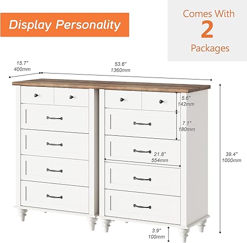 Miniatura 2 de WAMPAT Mueble de TV grande con 10 cajones, cómoda de madera de mediados de siglo y cajoneras de almacenamiento, cómoda para niños con patas de