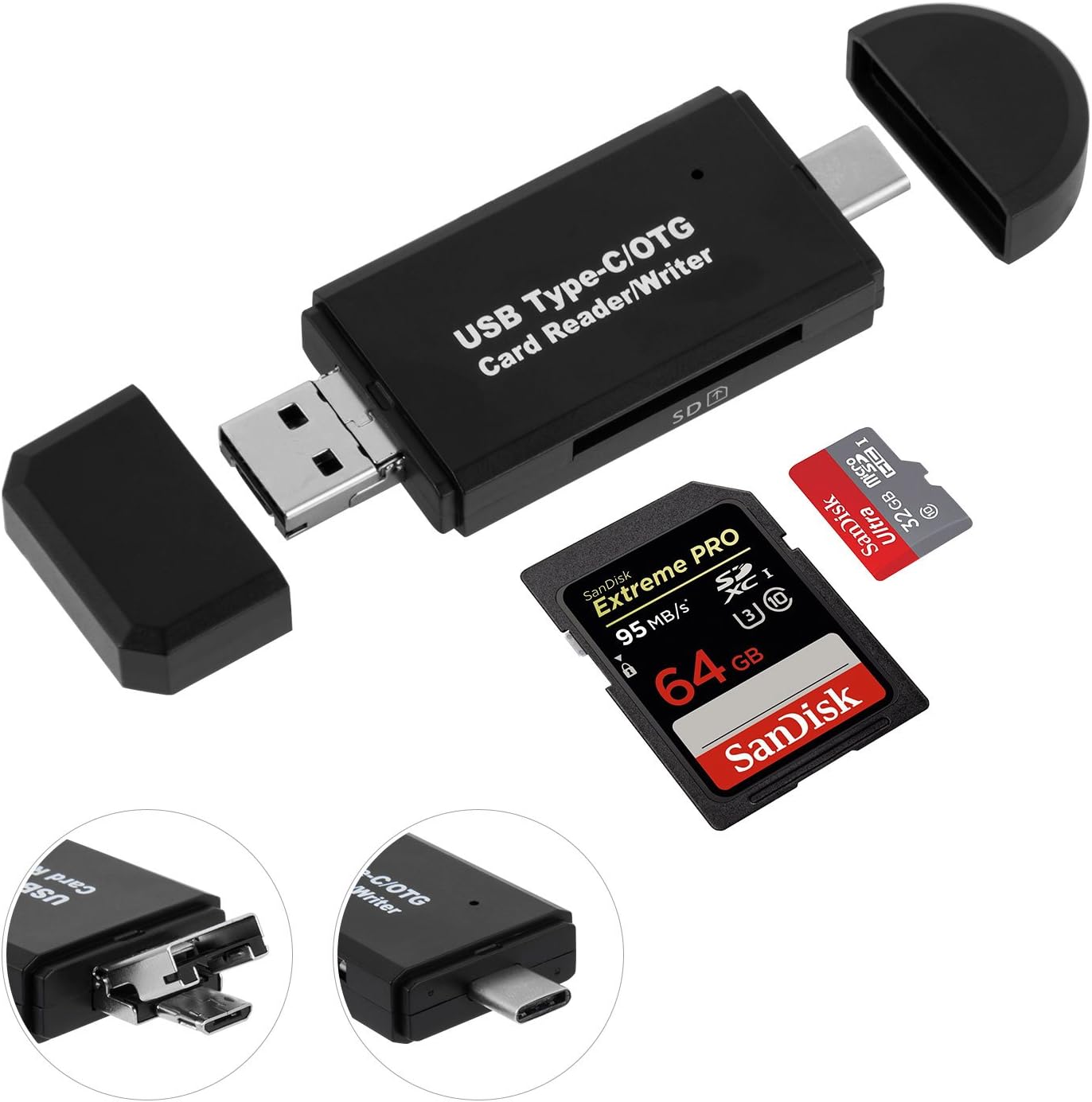 SD Card Reader - USB Type C/Micro USB OTG/USB 2.0 Micro SD Card Reader Adapter for SD, TF, SDHC, SDXC, MMC, RS-MMC, Micro SD, Micro SDHC, Micro SDXC Cards for PC/Macbook/Android phone/TV