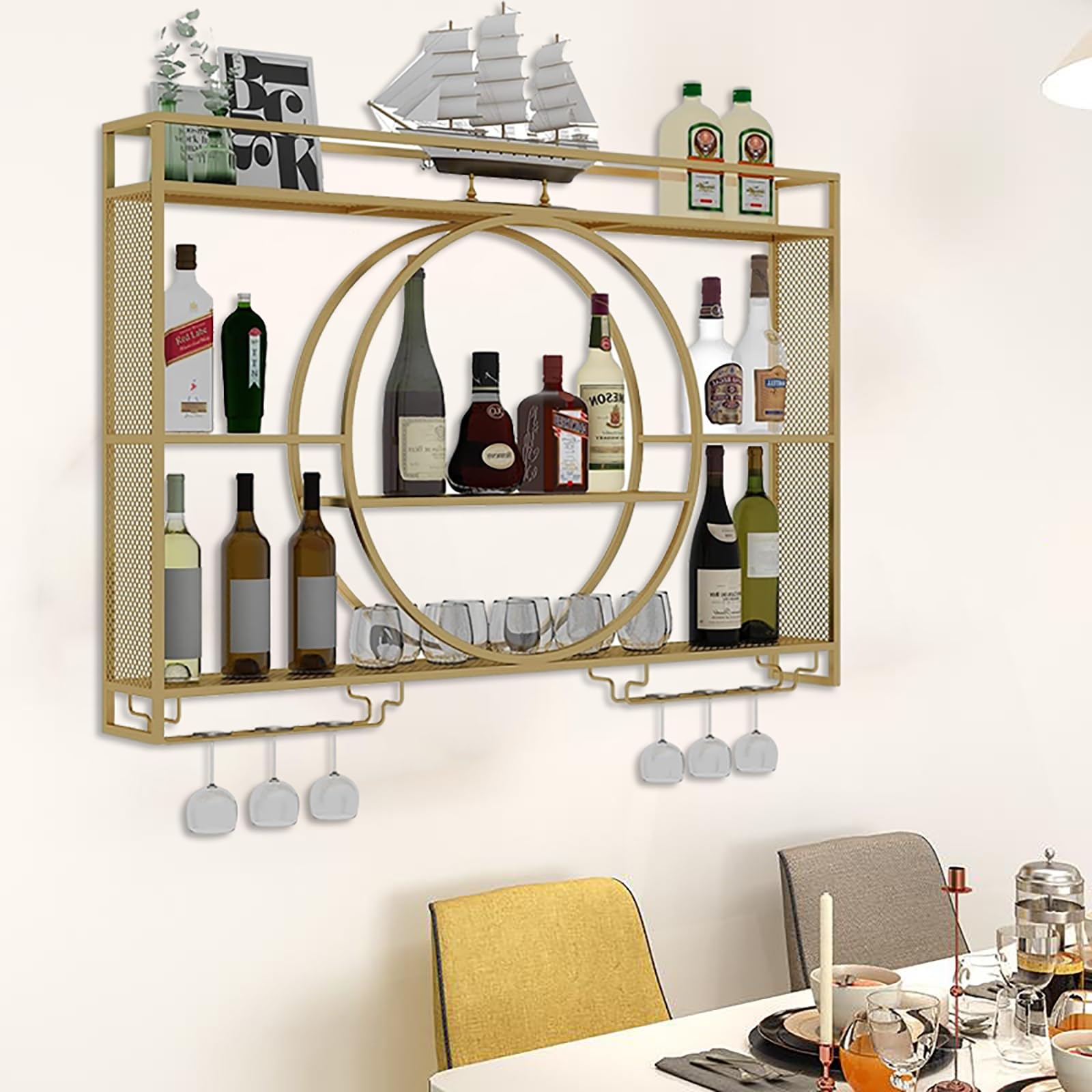 Étagère de bar moderne murale avec LED et porte-verre en métal