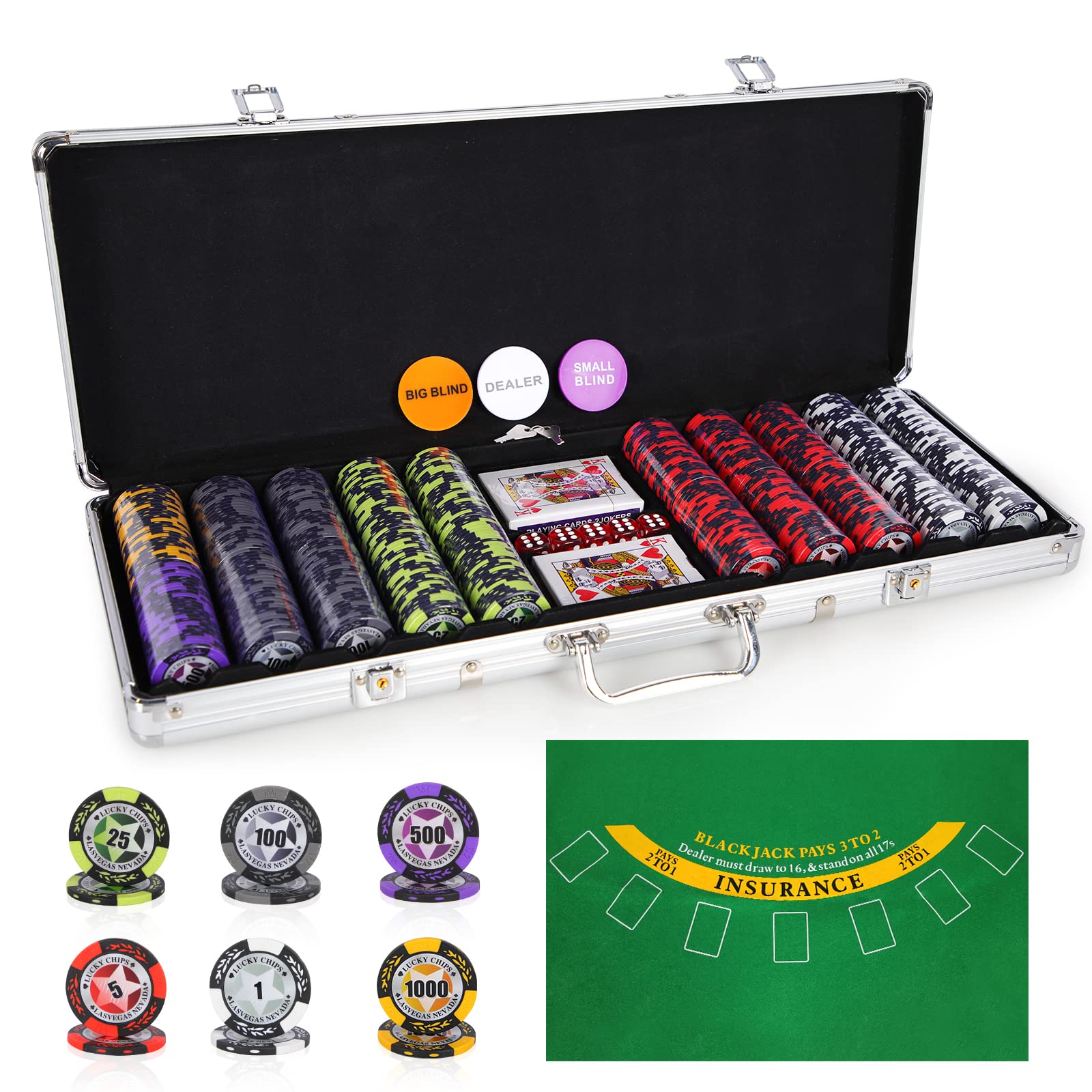 ORIENGEAR Poker Chip Set with Denominations, 500 PCS 14 Gram Clay Composite Casino Chips with Aluminum Case, 2 Decks of Playing Cards and Game Tablecloth, for Texas Holdem Blackjack Gambling Games