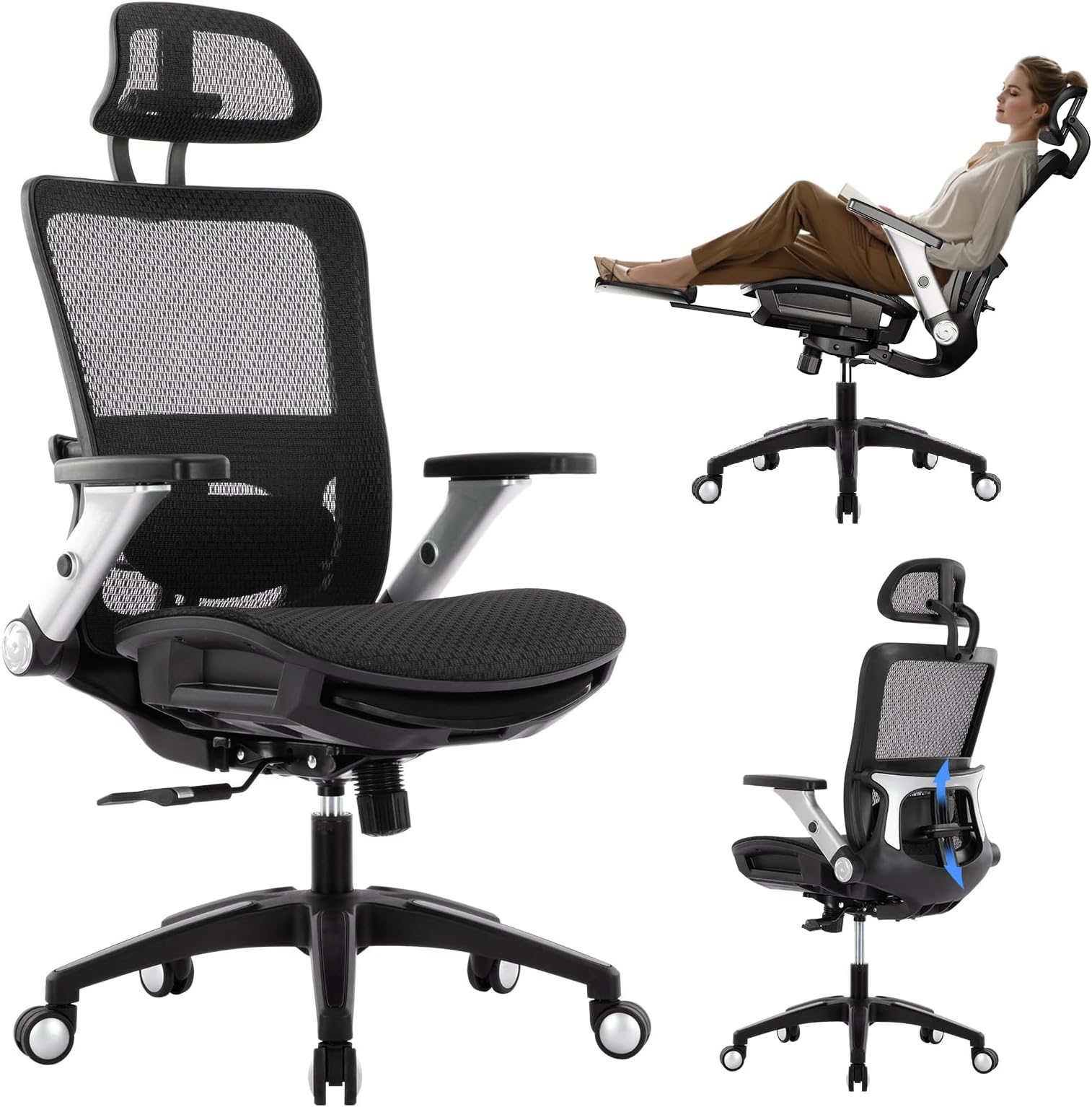 – Ergonomic Mesh Office Chair with Footrest - High Back Computer Desk Chair with Headrest, 4D Flip-up Armrests, Adjustable Tilt Lock, and Lumbar Support for Ultimate Comfort, Black