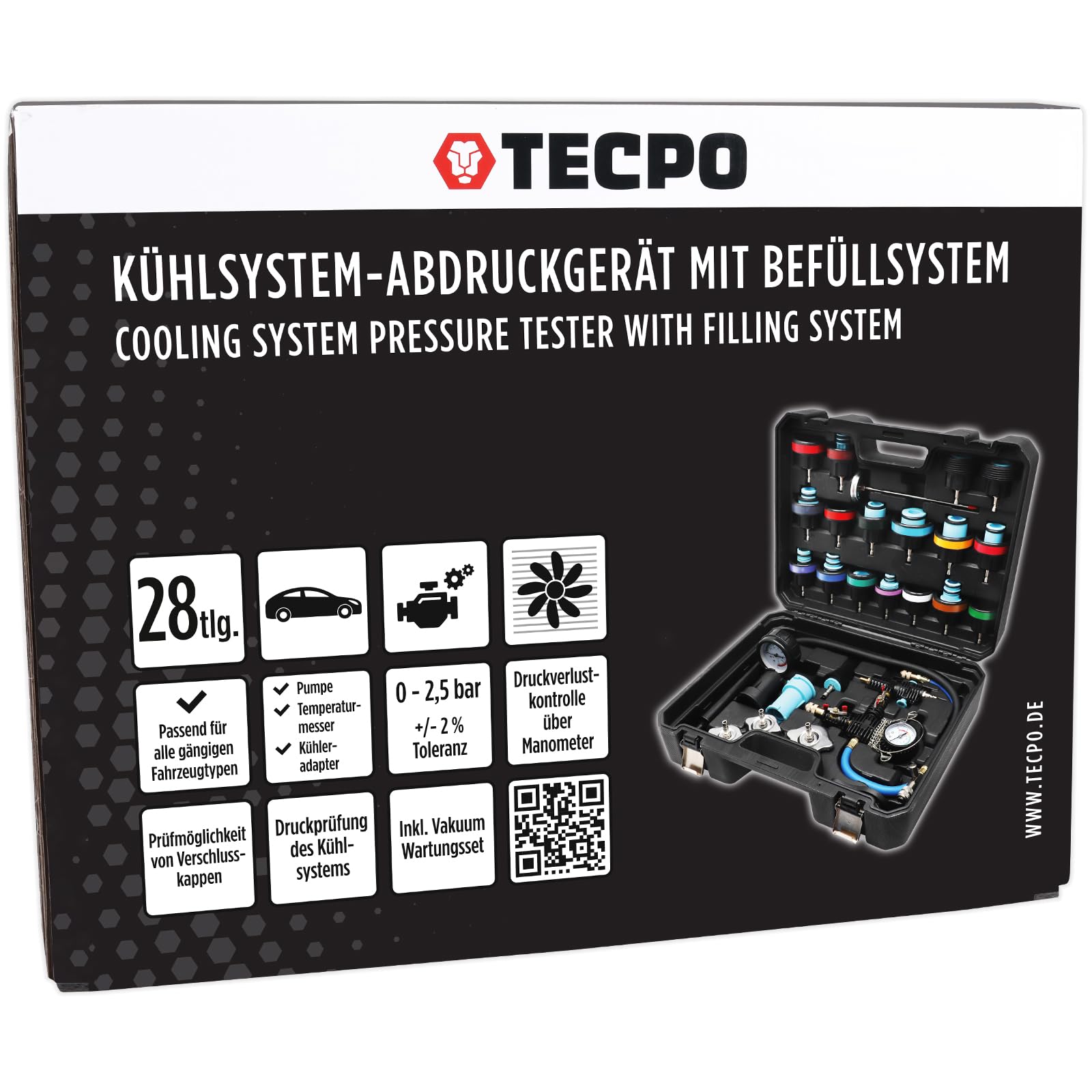 TECPO Kühlsystem Prüfgerät, Vakuum-Abdruck-Set, für PKW & leichte LKW, mit Pumpe, Manometer & Kühleradaptern, Druckprüfung 0-2,5 bar & Dichtheitskontrolle mit Vakuum-Wartungsset für Kühlmittel