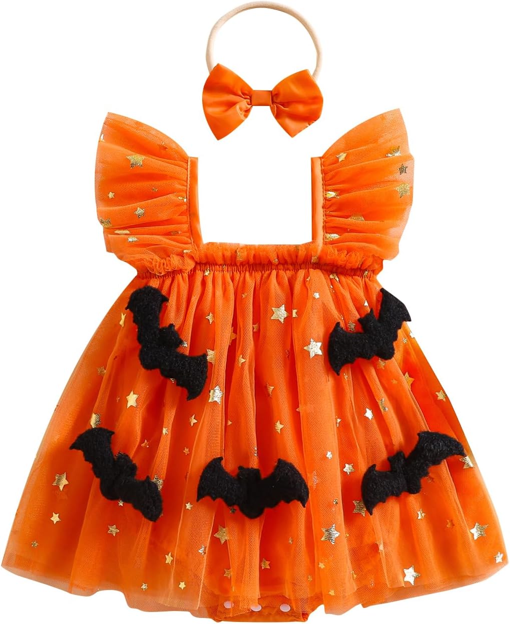 Newborn Baby Girl Halloween Outfit Clothes Sleeveless Pumpkin Romper Dress Mesh Tutu Fairy Ruffle Jumpsuit Costume