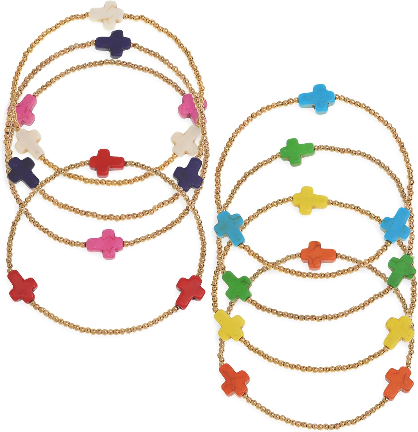 Gold Beaded Cross Stack Bracelets Set for Women, 8Pcs Boho Handmade Stackable Colorful Rainbow Statement Stretch Bracelet Prom Holiday Jewelry Gift.