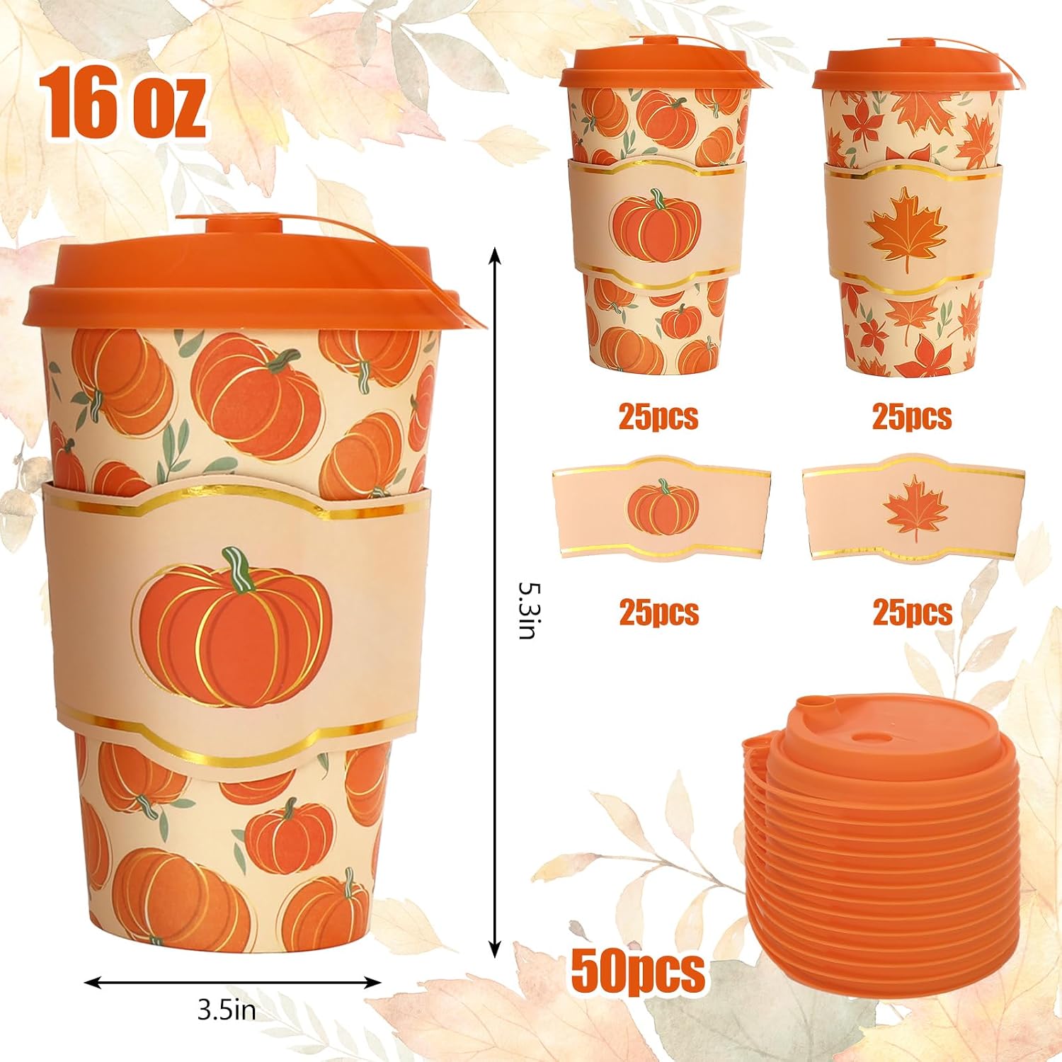 JarThenaAMCS 50 Set Fall Disposable Coffee Cups with Lids Gold Foil Pumpkin Maple Leaves Paper Cup Orange Seasonal Drinking Cups for Autumn Harvest Thanksgiving Party Supplies image 2