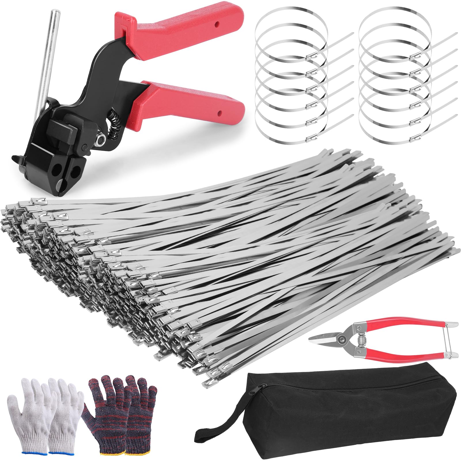 300PCS Metal Zip Ties Gun Kit, 12 Inch Heavy Duty Metal Zip Ties, Multi-Purpose Self-Locking Cable Tie Tool Set for Vehicles Farms Plants Fences Pipe Bundling, Scissors