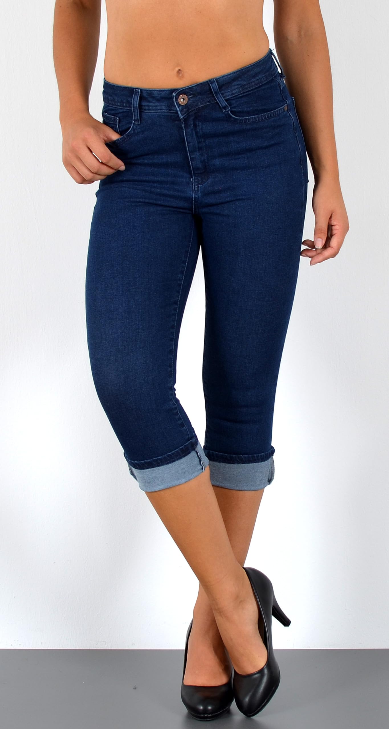 ESRA Damen Capri Hose Damen High Waist Caprihose Kurze Jeans Hose hoher Bund bis Übergröße C21