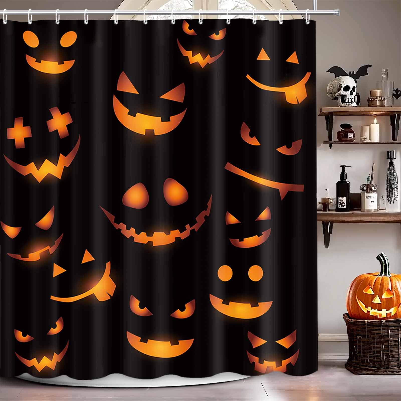 Rideau de douche Halloween citrouille bizarre orange en tissu imperméable lavable
