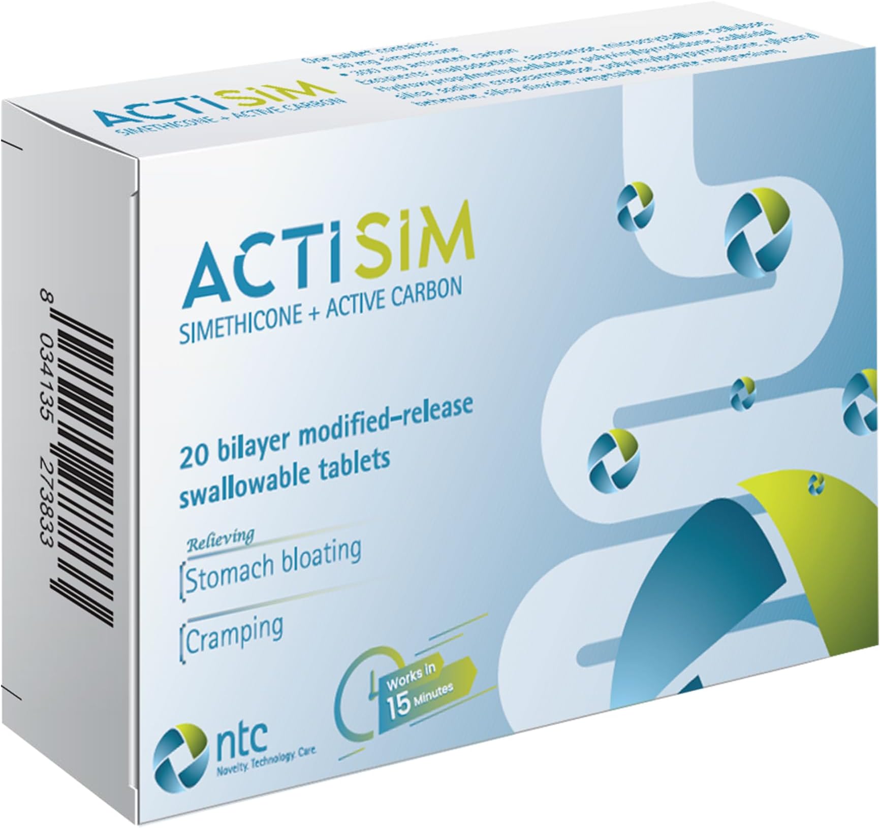 ActiSim Simethicone + Active Carbon, 20 Swallowable Tablets