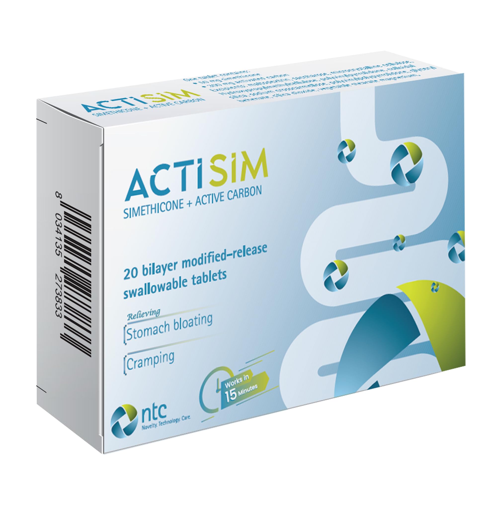 ActiSim Simethicone + Active Carbon, 20 Swallowable Tablets
