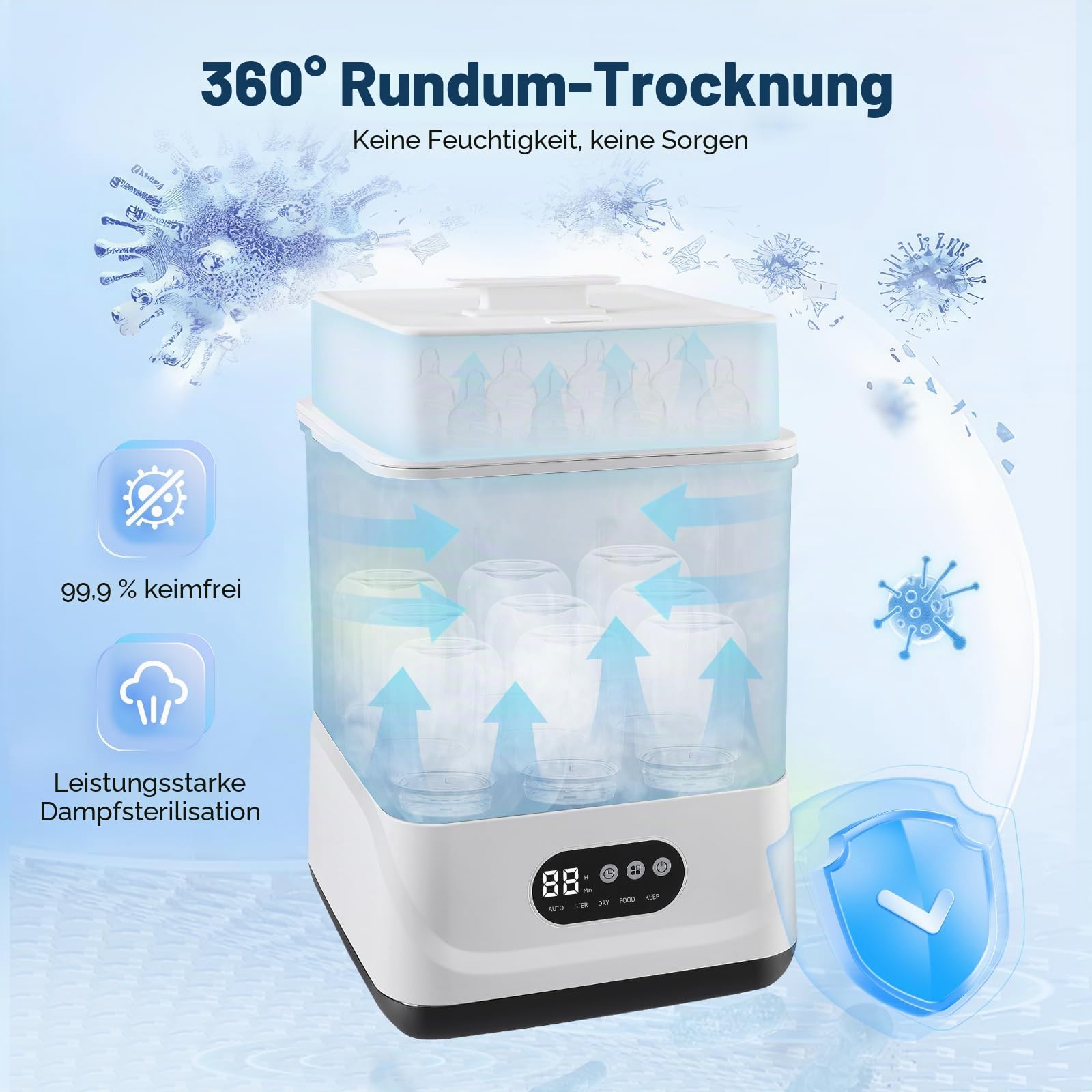 Babyflaschen Sterilisator und Trockner, Sterilisator für Babyflaschen mit Trocknerfunktion Sterilisiert, Trocknet & Heizt,Schnuller-Sterilisator und Selbstabschaltung, 9 Flaschen Kapazität