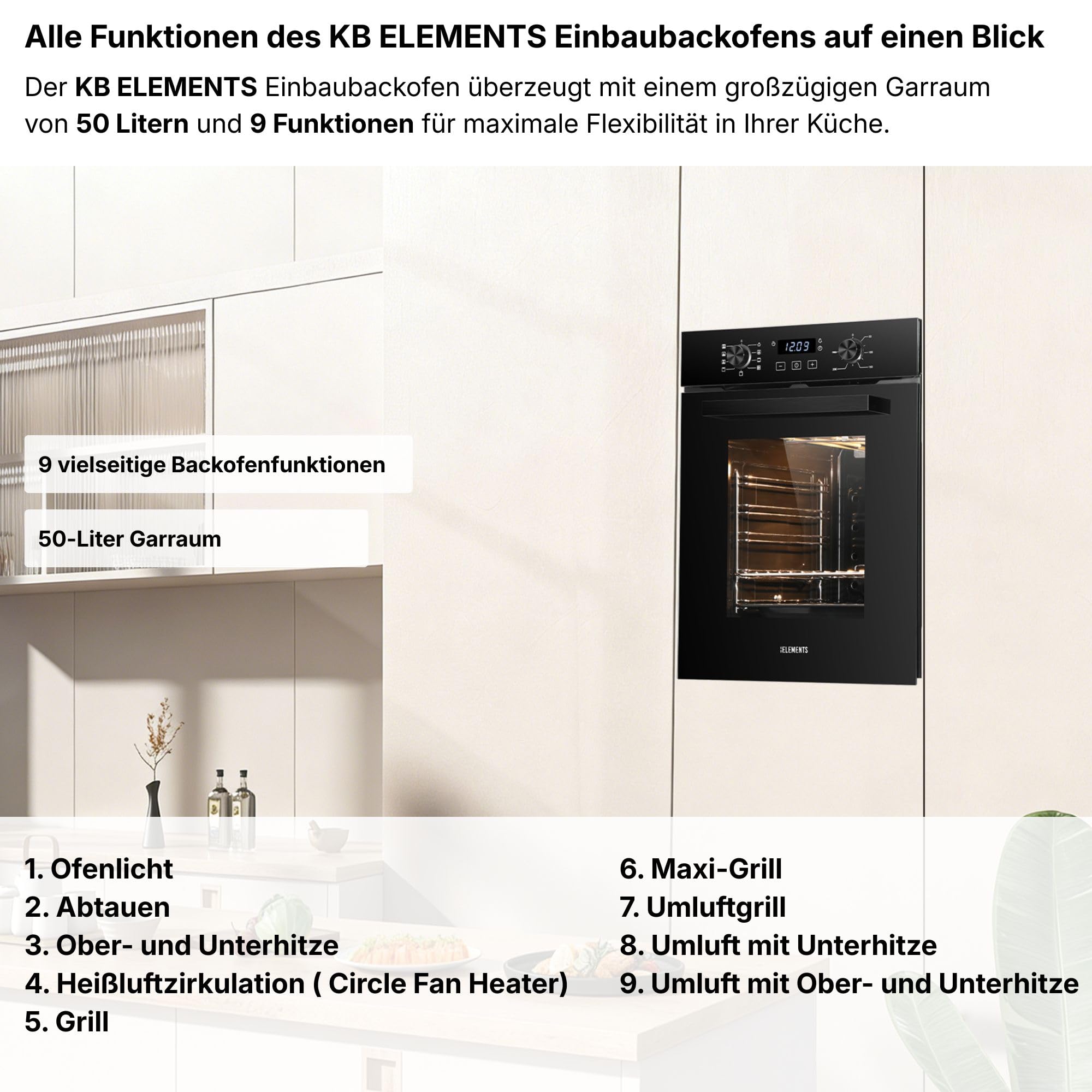 Einbaubackofen 45 cm - Backofen 45 cm breit, 50 Liter, Aqua Clean, Circle Fan Heater, Wide-Screen-Window, versenkbare Drehknebel