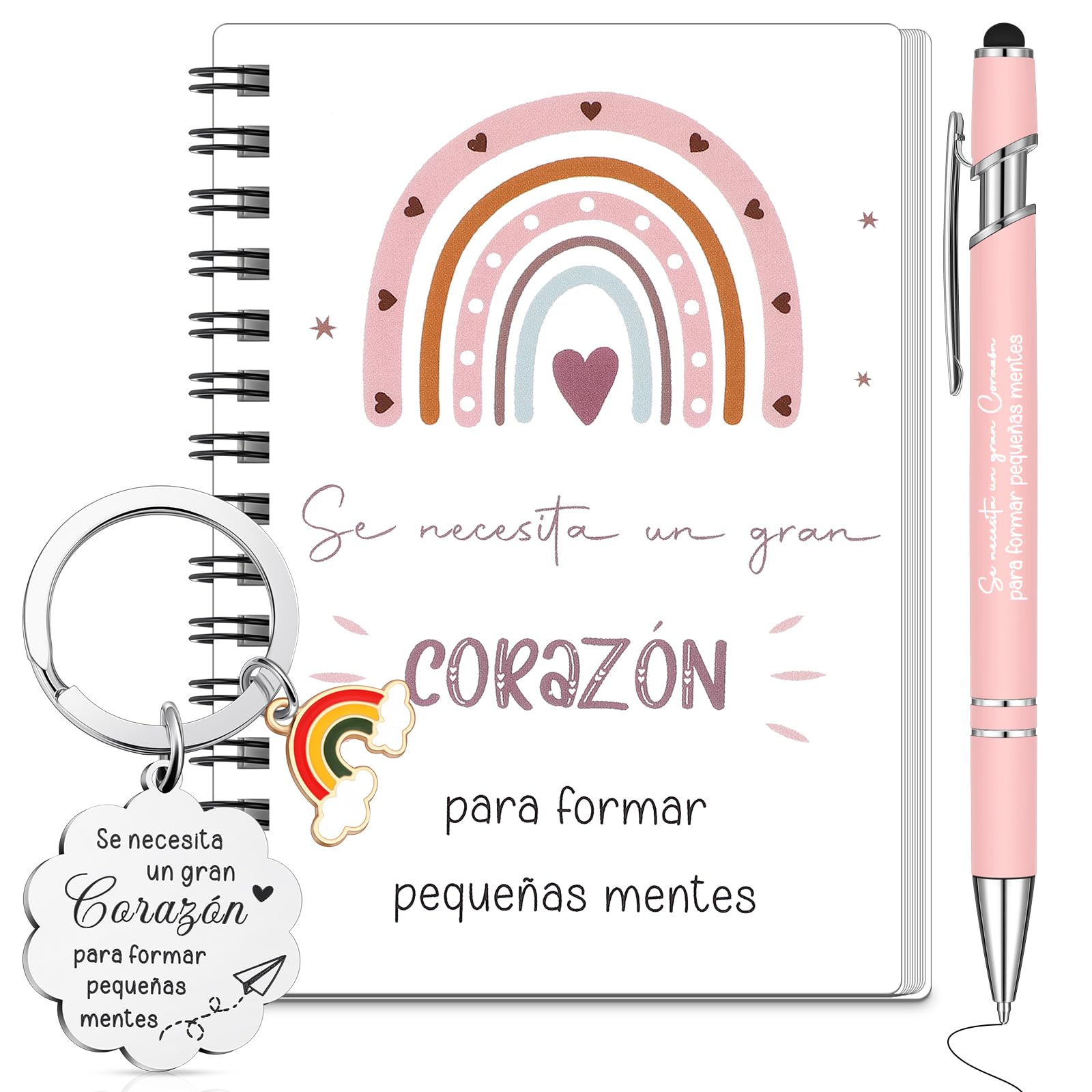 Sinmoe 3 Regalos de Agradecimiento para Maestra Profesora Cuaderno en Espiral Bolígrafo Retráctil y Llavero para Fin de Curso Despedida Cumpleaños Graduación Jubilación(Arcoíris,Blanco)