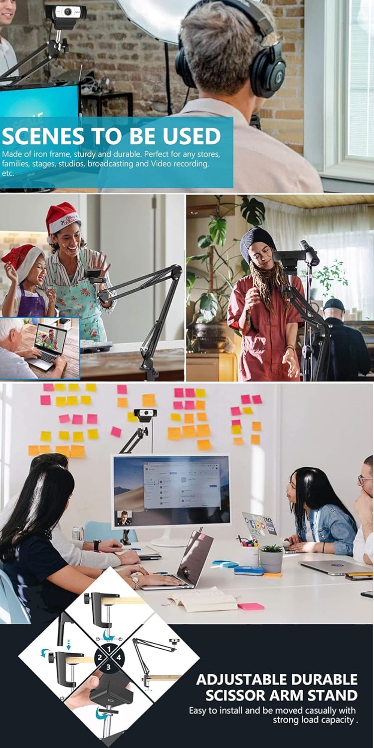 Tencro Webcam Stand Phone Holder Suspension Scissor Arm Webcam Camera Mount Phone Tripod Holder for Cellphones, Logitech Webcam C920 C930 C922 C615 and Other Devices with 1/4" Threaded