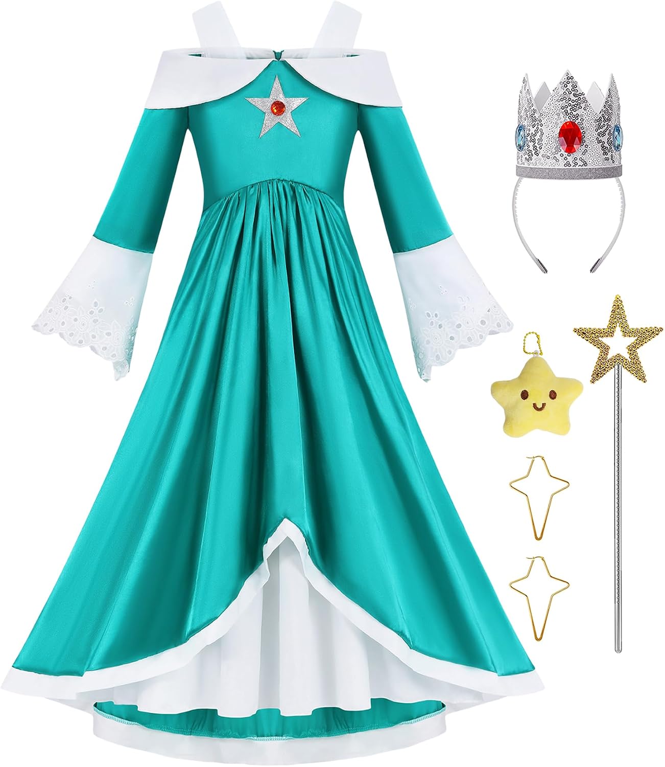 Girls Galaxy Princess Costume Outfit Set with Princess Accessories | Toddler Halloween Costumes with Wig Crown Headband Earrings Star Wand Plush for Birthday Party Dress Up