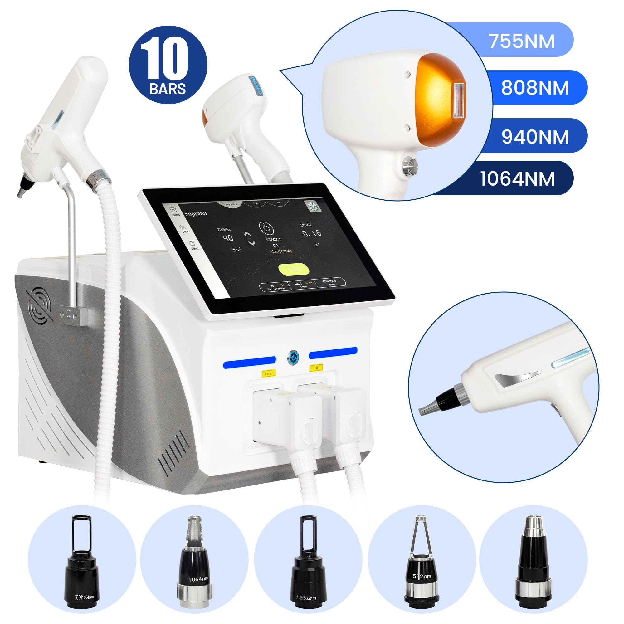 10 Bars!Epilatore Laser a Diodo, 4 Lunghezze d'Onda, Schermo Touch e Sistema di Raffreddamento, Casa e Saloni
