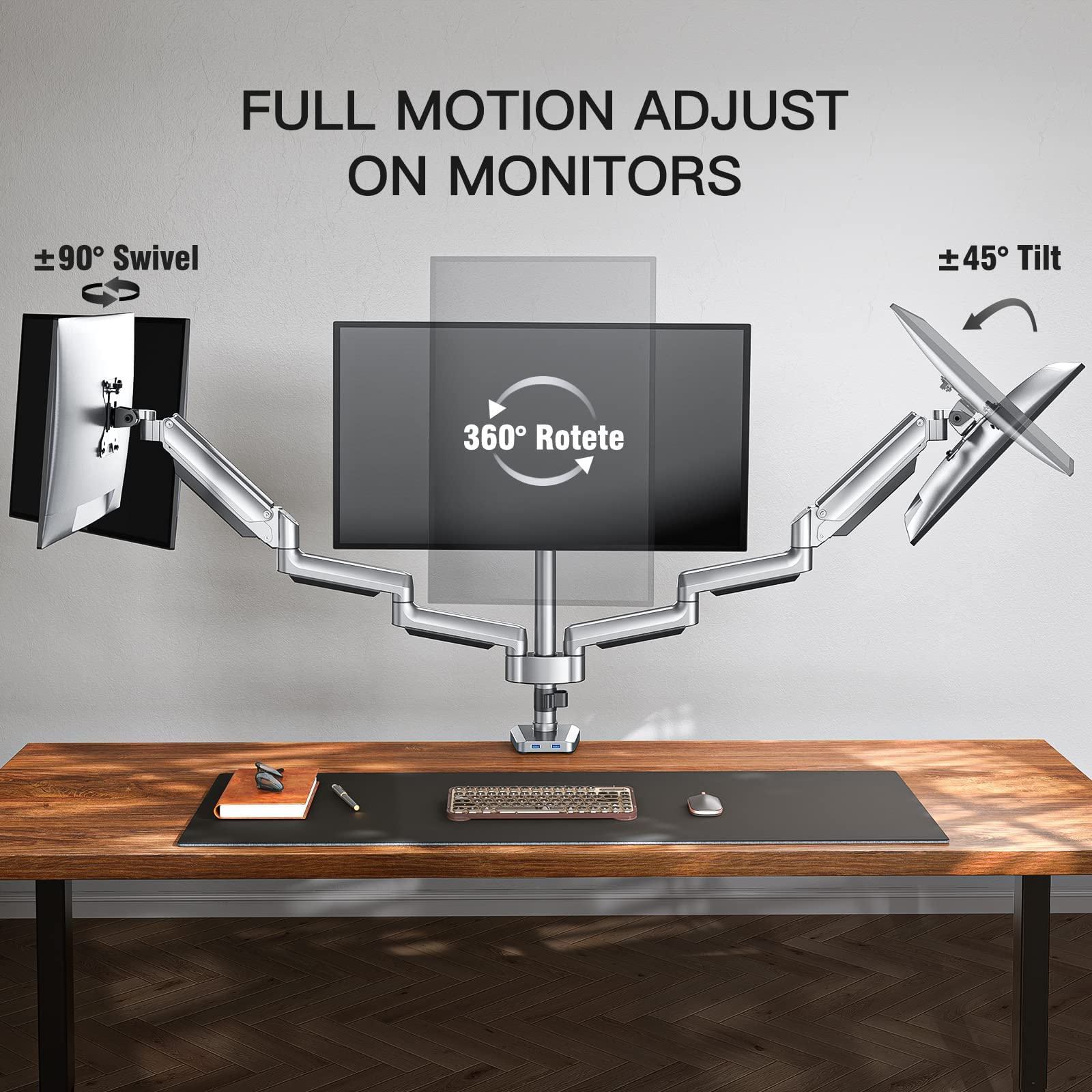 ErGear Triple Monitor Stand for Desk, 3 Monitor Mount with Gas Spring Adjustable Monitor Arm Fit Three Screens 13 to 27 inch Flat/Curved LCD Computer Screens Holds Max 17.6lbs with Clamp