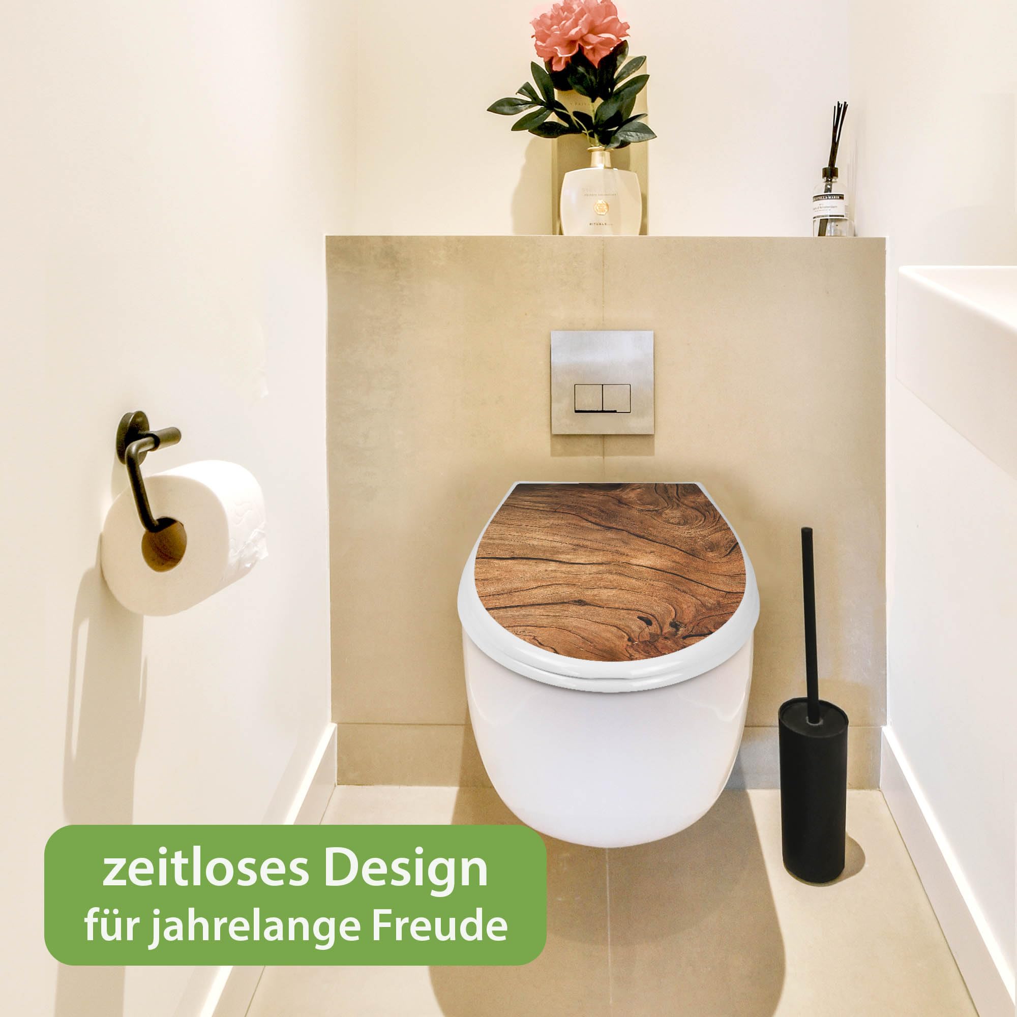 banjado Familien WC Sitz mit Absenkautomatik 44,9x37,1cm - Klobrille mit Kindersitz aus hochwertigem Polypropylen - Toilettendeckel mit Kinder Toilettensitz integriert - Motiv Trockenes Holz