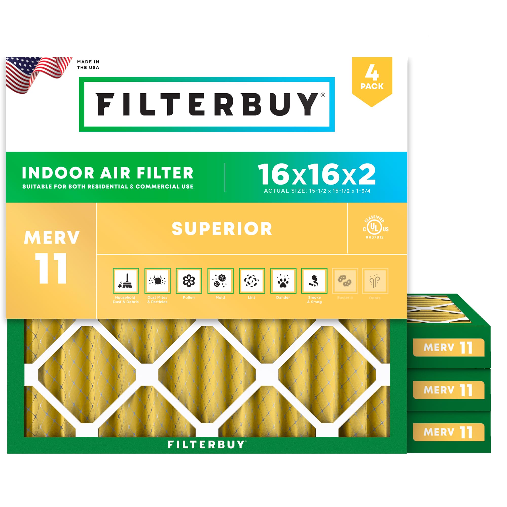 Filterbuy 16x16x2 Air Filter MERV 11 Pet &amp; Allergy Defense (4-Pack)