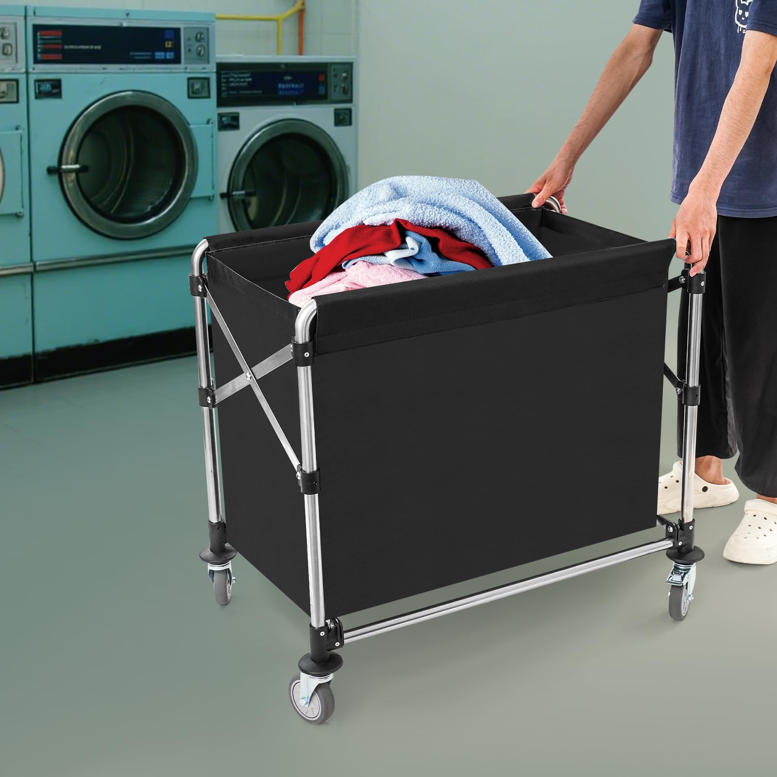 Carrito de lavandería industrial con ruedas, cesta de lavandería con ruedas, carrito de lavandería comercial de acero inoxidable resistente, plegable de acero inoxidable, 87 x 52 x 78 cm (negro)