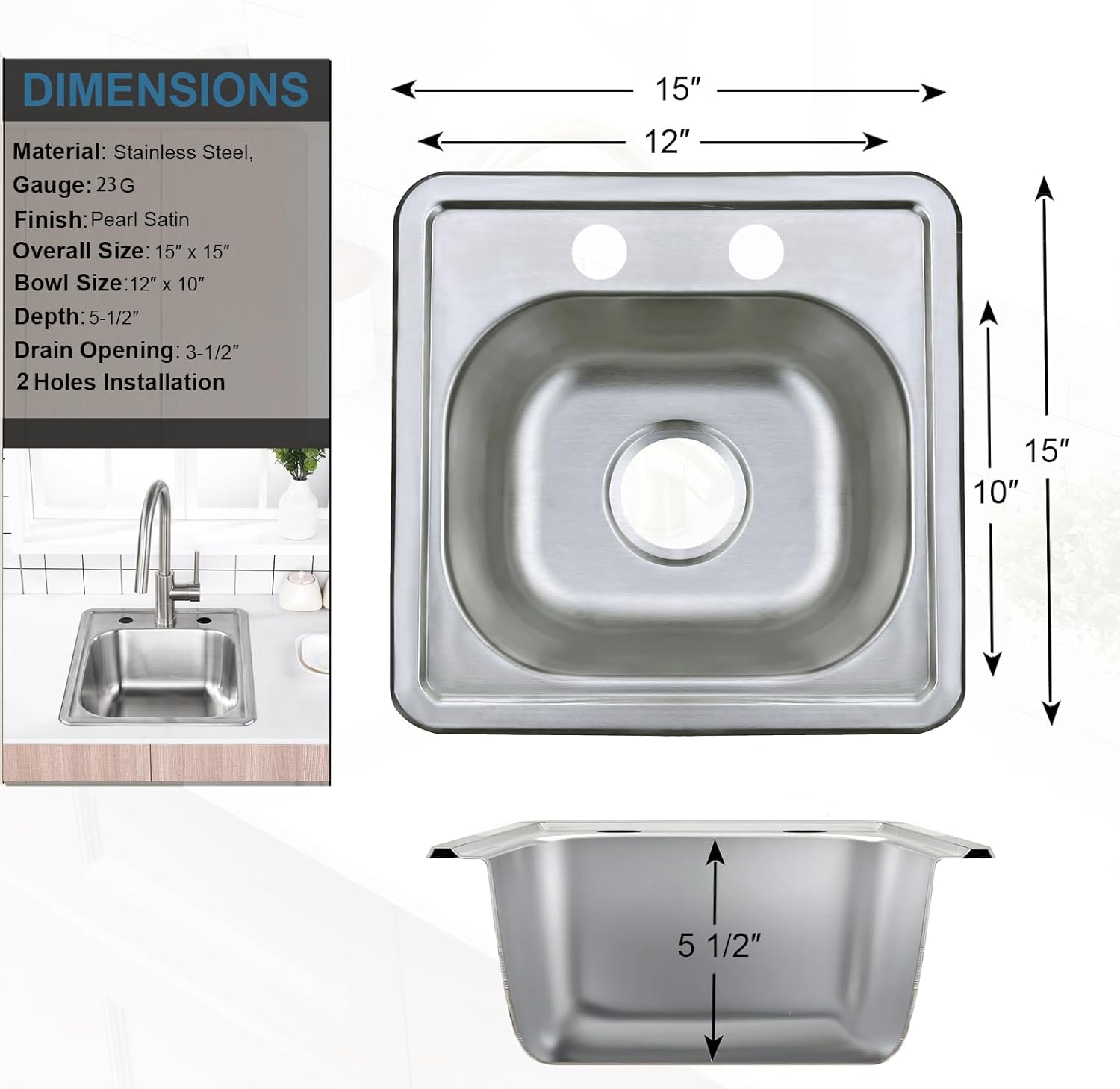 ORLANDO 15 x 15 inch Stainless Steel Drop in kitchen Bar Sink, Topmount Small Kitchen Sink, 2-Hole Single Bowl Outdoor Sink Basket Strainer Included