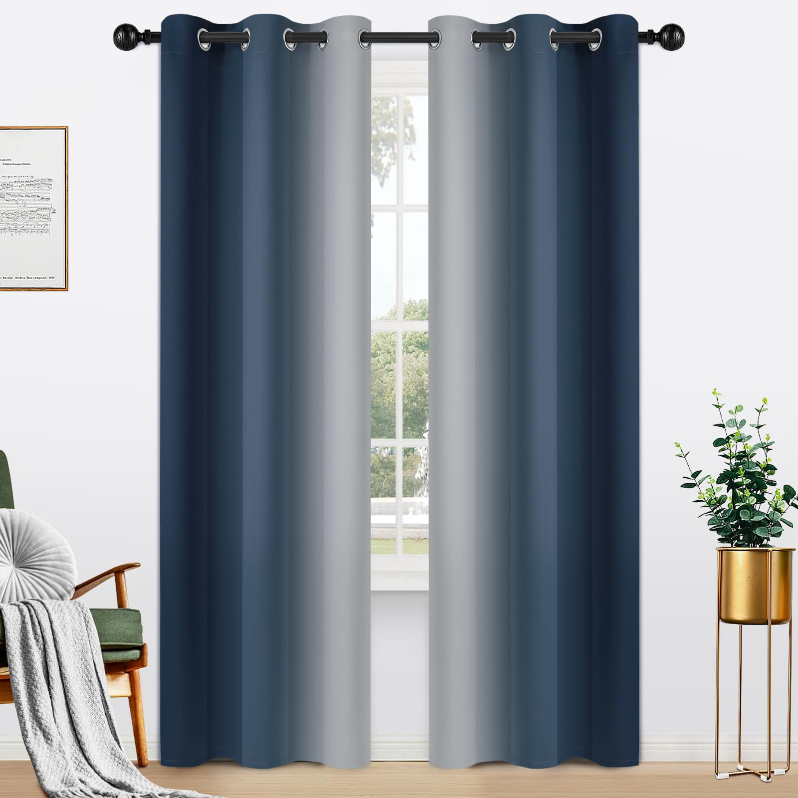 Yakamok Ombre Curtains Navy Blue and Greyish White for Living Room,42Wx84L — image 1