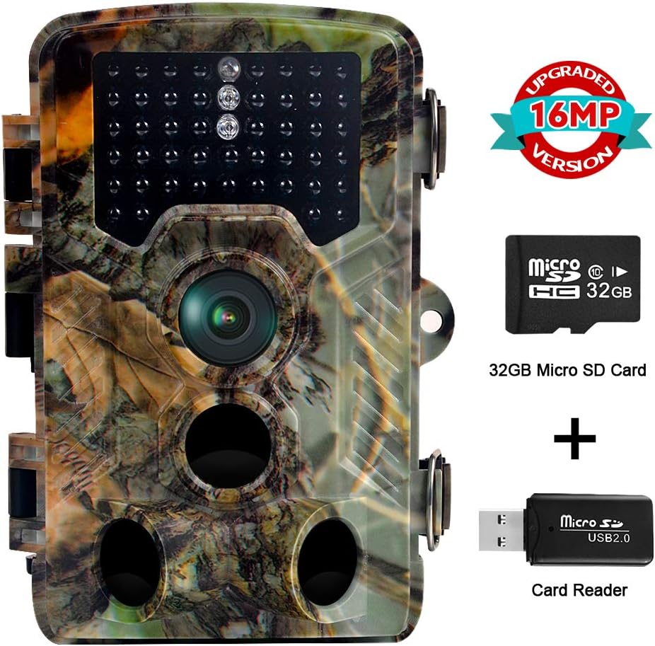 Trail Game Camera 16MP 1080P Waterproof Scouting Hunting Camera with 120°Detecting Range 0.2s Motion Activated Night Vision 2.4" LCD IR LEDs 32GB Card for Wildlife Monitoring