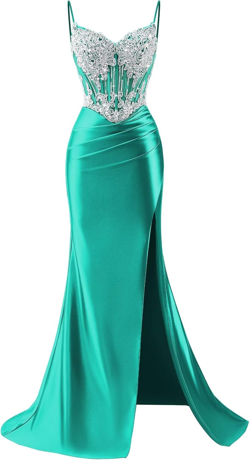 Sparkly Mermaid Beaded Prom Dresses 2026 Pleated Ruched Satin Corset Formal Evening Dresses with Slit