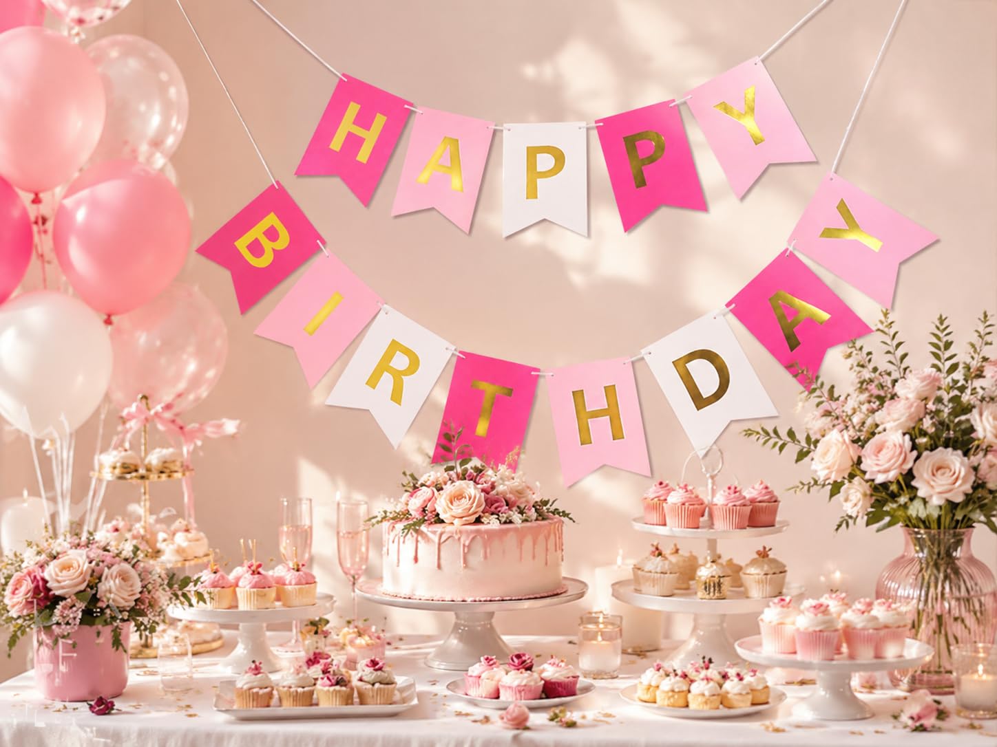 Roseo różowy baner 'Happy Birthday' znaki złoty blask śmieszne artykuły na | 13 flag z 2 satynowymi wstążkami łatwa dekoracja urodzinowa do wnętrz na ściany stołów tortowych i tła fotograficzne