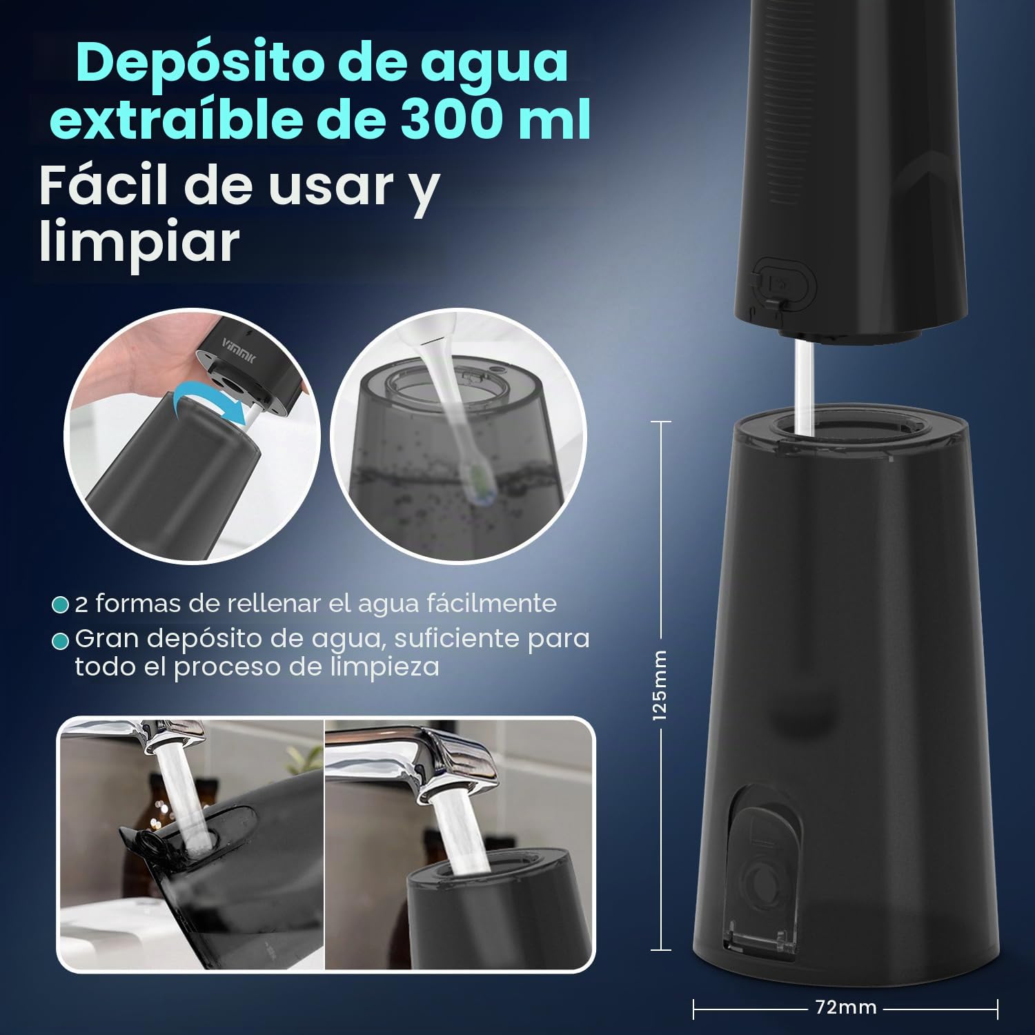 Irrigador bucal inalámbrico limpiador dental eléctrico, Vimmk Dental Water Flosser 5 modos y 8 boquillas USB-C recargable agua Flosser IPX7 resistente al agua, tanque de agua de 300 ml, limpiador de