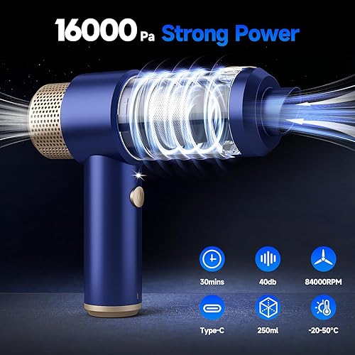 Miniatura 2 de Aspiradora de automóvil, 16000 PA, mini aspiradora inalámbrica potente, 7 en 1, aspiradora de mano portátil inalámbrica con luz LED, filtros duales,