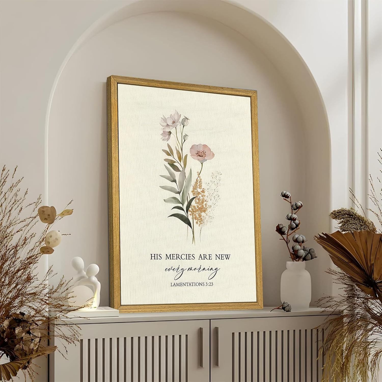Christian Canvas Wall Art, Bible Verse Floral Painting With Wood Framed, His Mercies Are New Every Morning Lamentations 3:23 Scripture Religious Wall Decor Church Home Decor 12X16 Inch