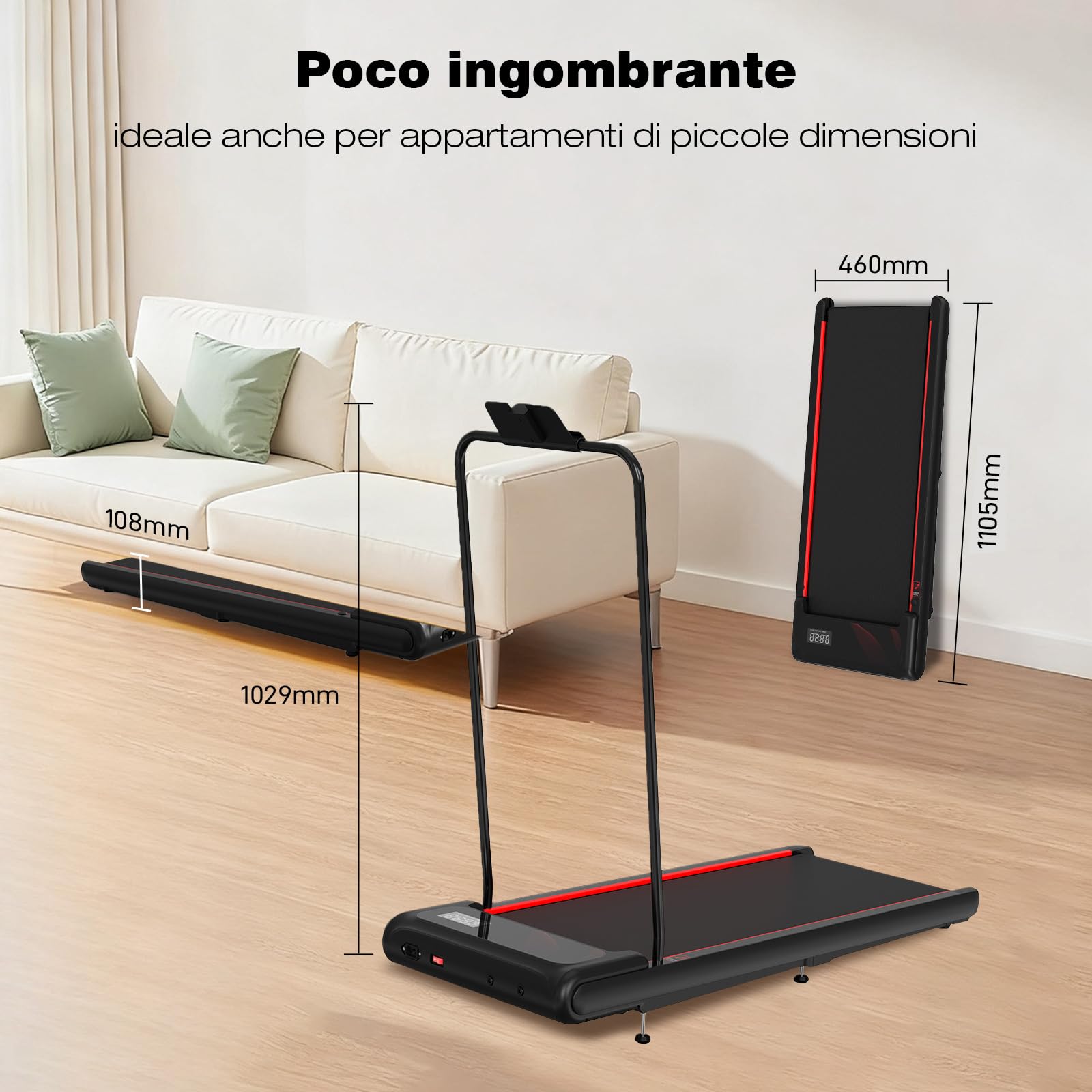 Tapis Roulant, Tapis Roulant Compatto con Manubrio Rimovibile, Walking Pad 3 Livelli Inclinazione, Supporto Tablet, Motore Silenzioso, Telecomando & Display, per Casa e Ufficio