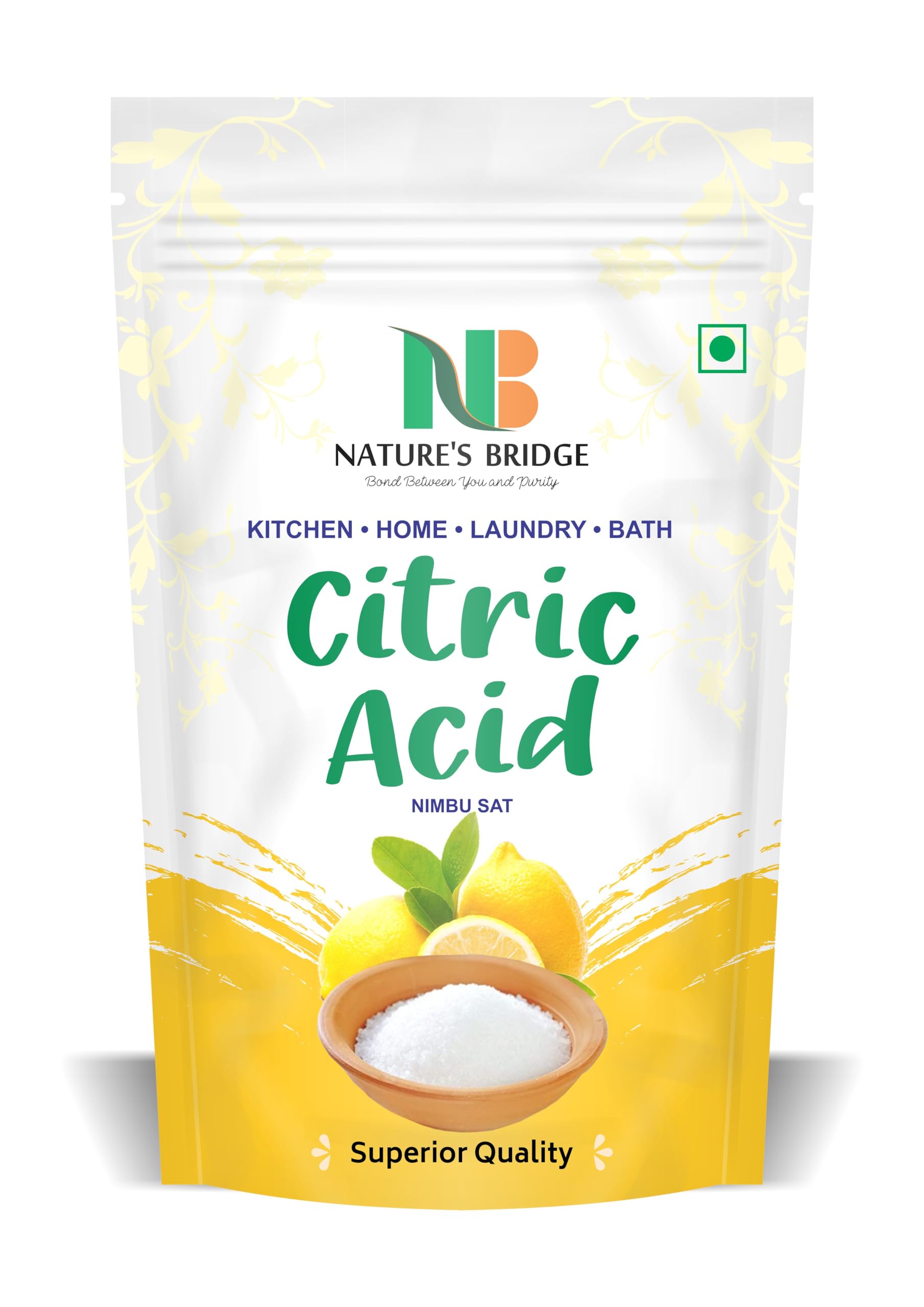 Nature's Bridge Natural Citric Acid | Nimbu Sat | Lemon Salt | Citric Acid Crystals | Citric Acid Powder for Cleaning,Food Grade, Nimbu Sat - Multiple Uses for Home and Kitchen (900 Gm)