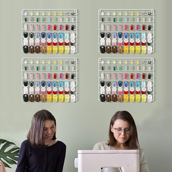 YBING Thread Holder Organizer Wall 54-Spool Sewing Thread Rack 4 Pack Embroidery Spool Holder Organizer Wall Mounted with Hanging Tools White