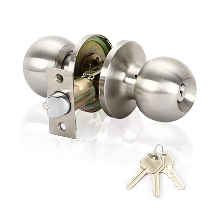 Rulart Door Knob with Lock and KeyInterior and Bathroom DoorknobSatin Stainless Steel