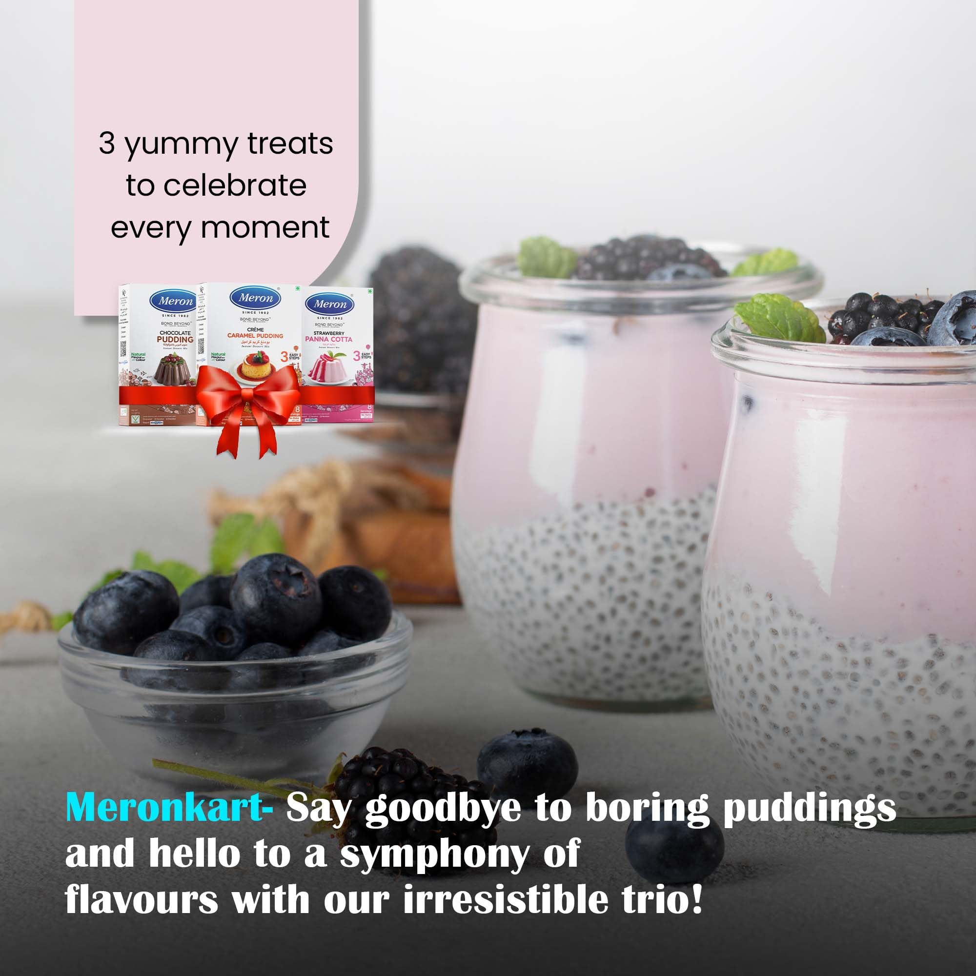 Meron’s Instant Dessert Mix Combos | Strawberry Panna Cotta | Caramel Pudding| Chocolate Pudding | Natural Flavour & Colour | Preservative-Free | Vegan - Image 4 thumbnail