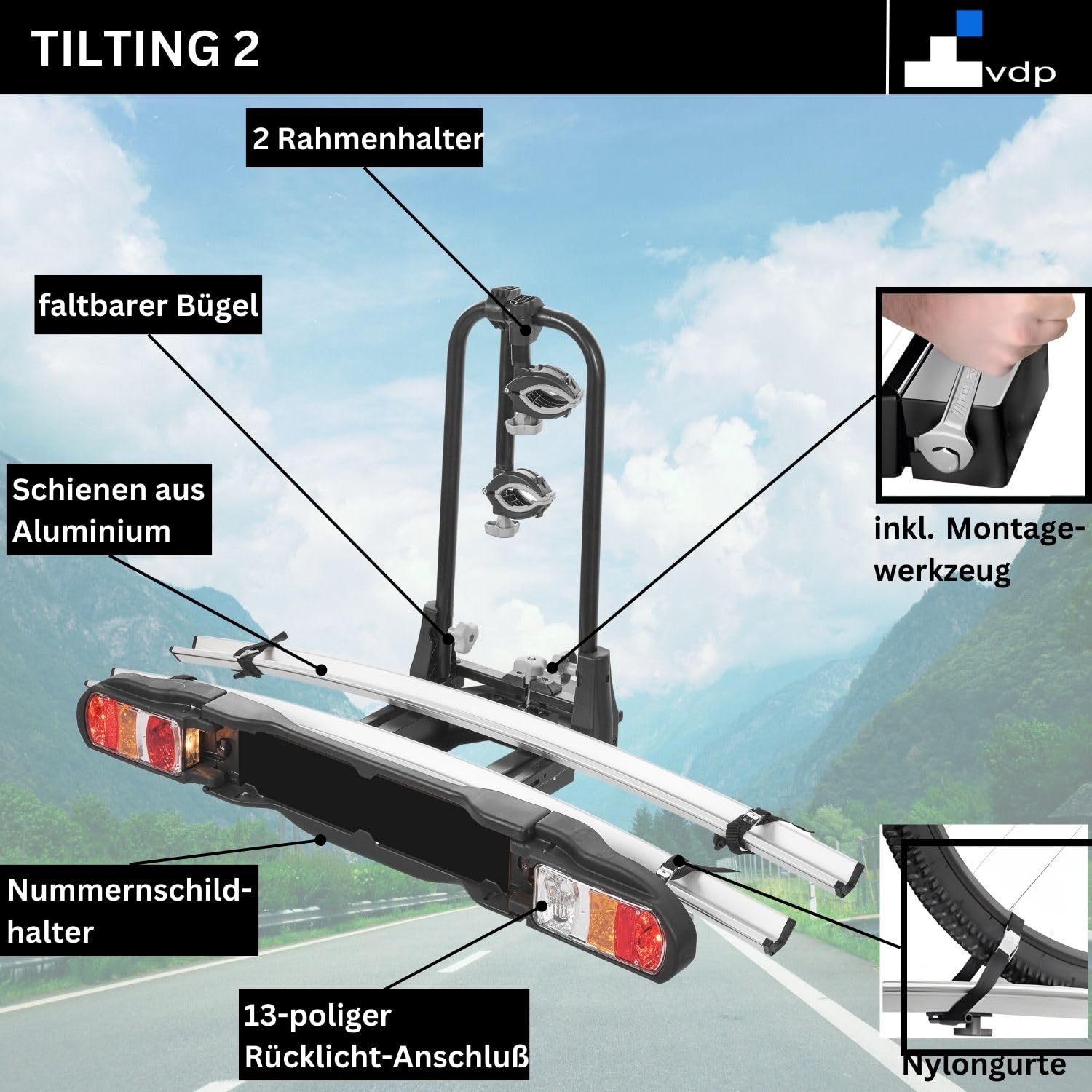 VDP eBike Fahrradträger für Anhängerkupplung Fahrrad Heckträger Radträger - Tilting 2 - Fahrradträger e-Bike für 2 Fahrräder - 60kg Zuladung - am Fahrzeug klappbar - TÜV