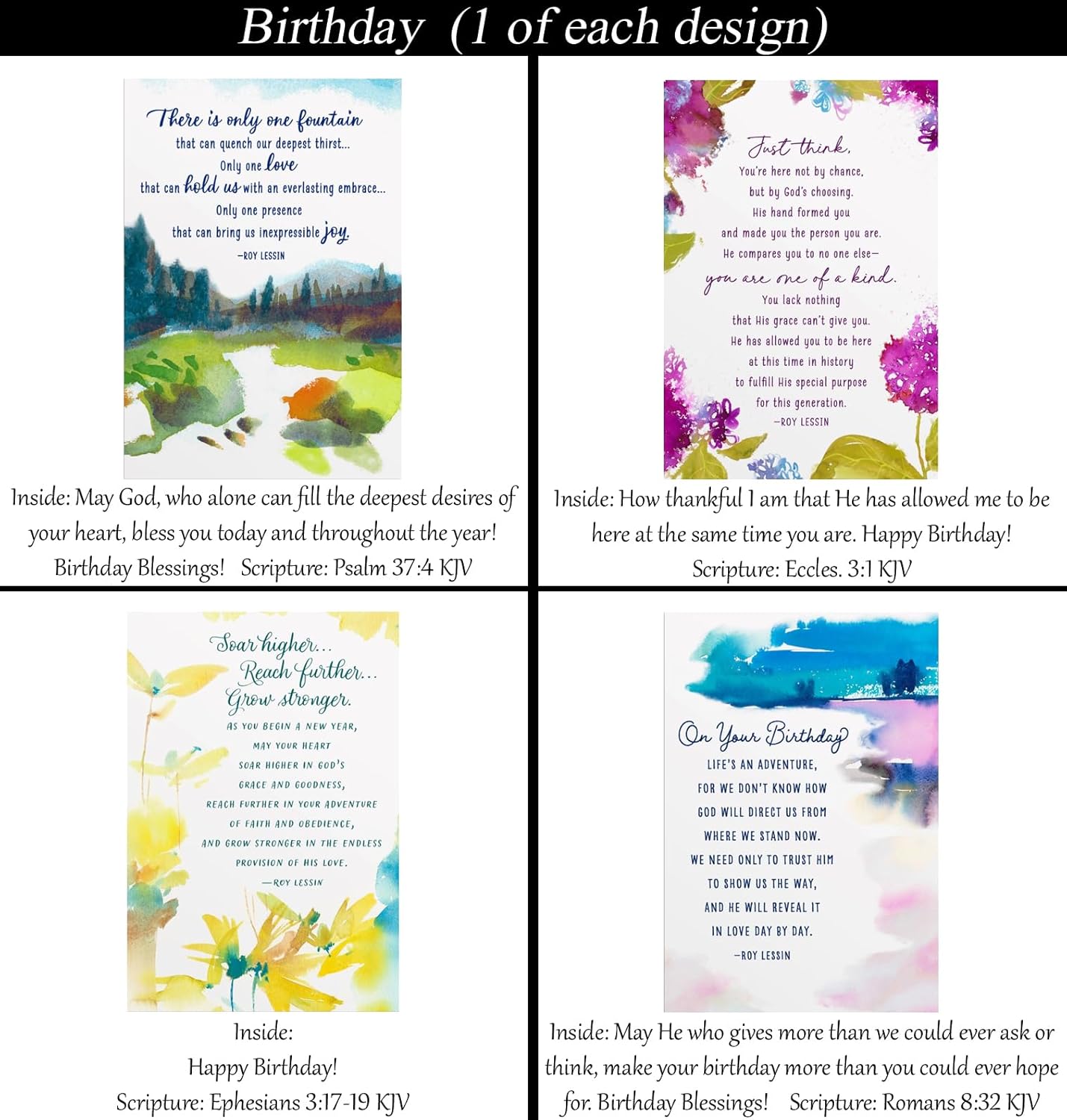 Birthday Cards ~ No Repeated Designs~ 32 Cards and Designs ~ Christian/Religious Greeting Card Assortment #1 ~ Scripture in every card ~ Envelopes Included