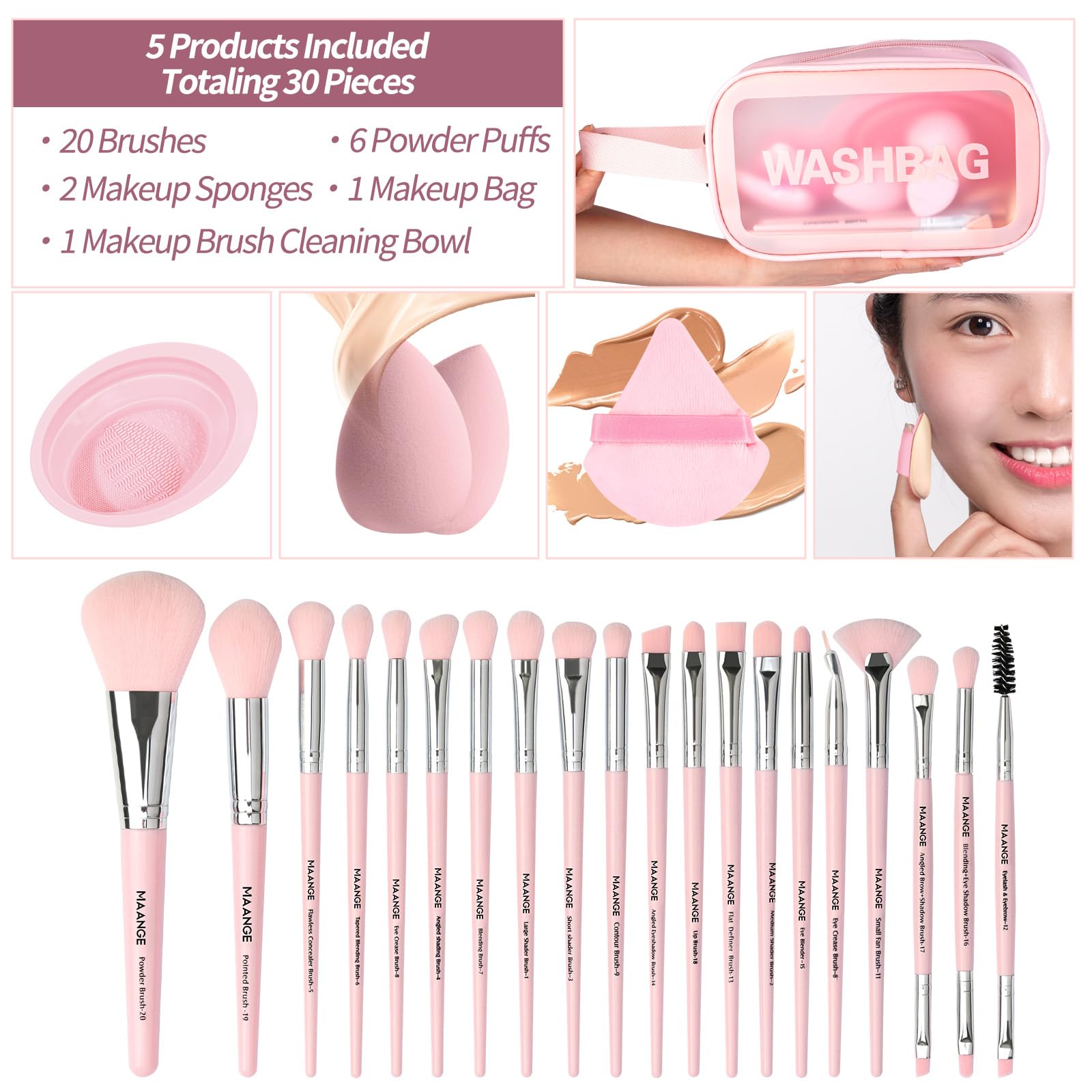 Makeup Brushes MAANGE 30 Pcs Professional Makeup Brush Set for Foundation Blending Powder Blush Concealers Eyeshadow - Image 2
