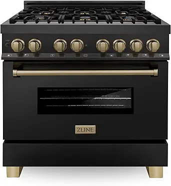ZLINE Autograph Edition 36 in. Dual Fuel Range with 6 Burner Gas Cooktop and Electric Convection Oven in Black Stainless Steel and Champagne Bronze Accents