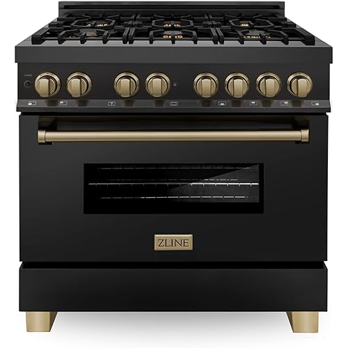 ZLINE Autograph Edition 36 in. 4.6 cu. ft. Legacy Dual Fuel Range with 6 Burner Gas Cooktop and Electric Convection Oven in Black Stainless Steel and Champagne Bronze Accents (RABZ-36-CB)