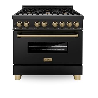 ZLINE Autograph Edition 36 in. 4.6 cu. ft. Legacy Dual Fuel Range with 6 Burner Gas Cooktop and Electric Convection Oven in Black Stainless Steel and Champagne Bronze Accents RABZ-36-CB