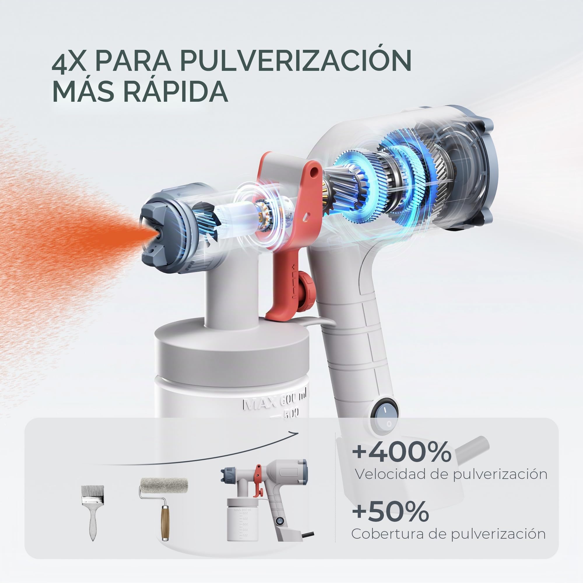 Tilswall Pistola de Pintura Eléctrica - Pulverizador de Pintura Ultraligera con Tanque Desmontable De 600ml, 2 Boquillas & 3 Modos, Paredes, Techos, Muebles, Vallas, Cáscara de Huevo